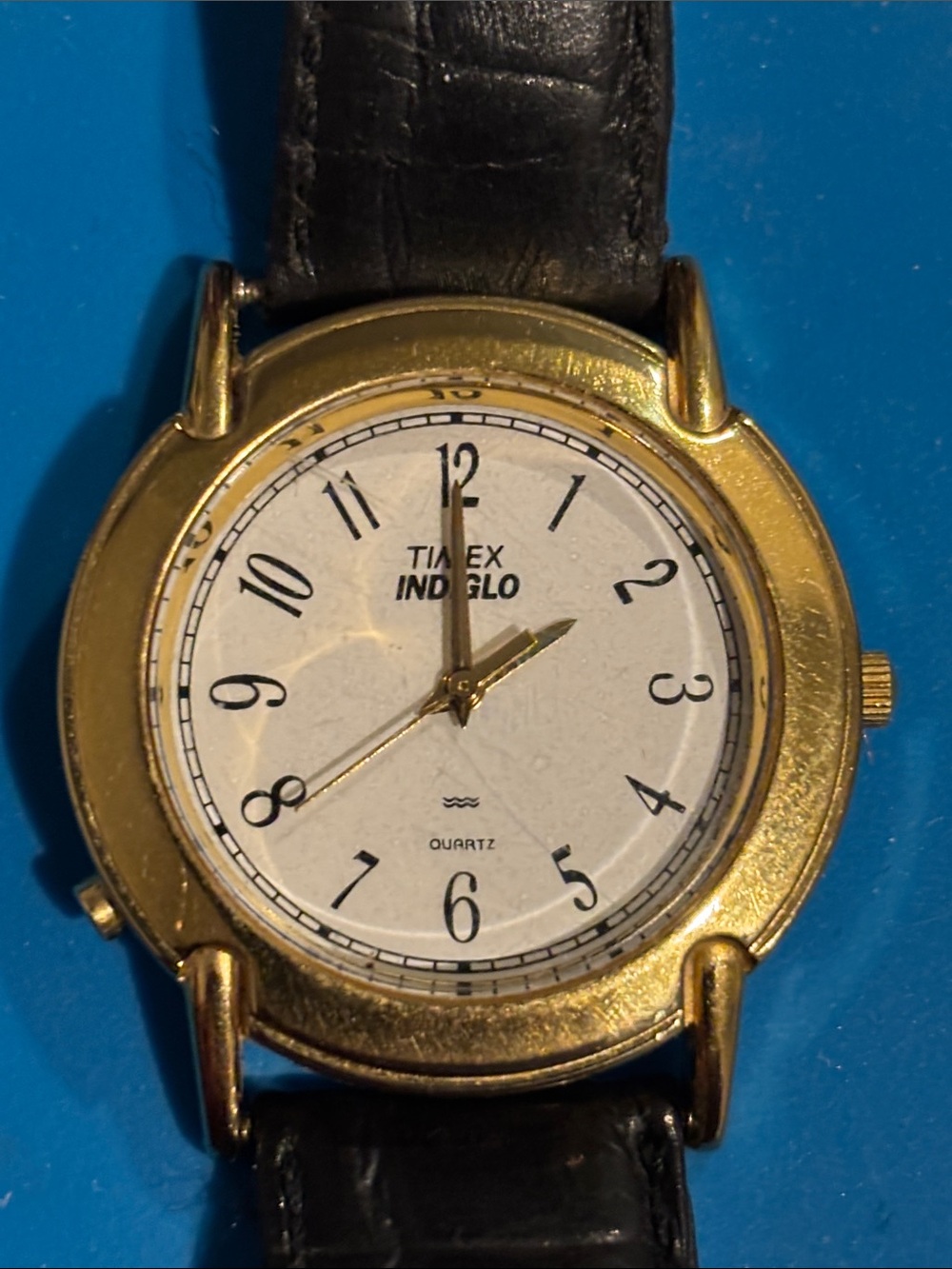 Timex Indiglo Gold-Tone Case Watch with Black Strap and White Dial